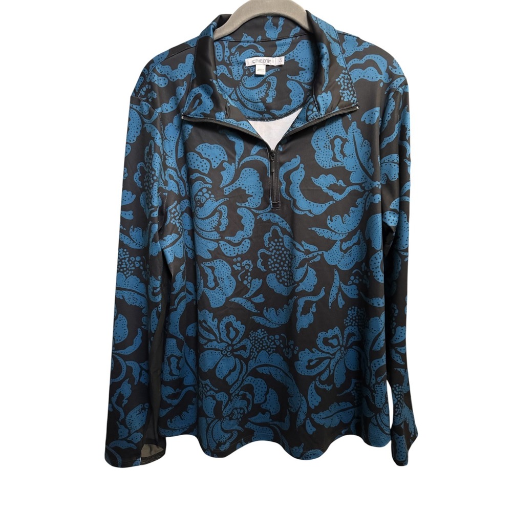 Chico's Pullover Women's 2 L Blue Black Floral Mesh Detail Damask Quarter Zip